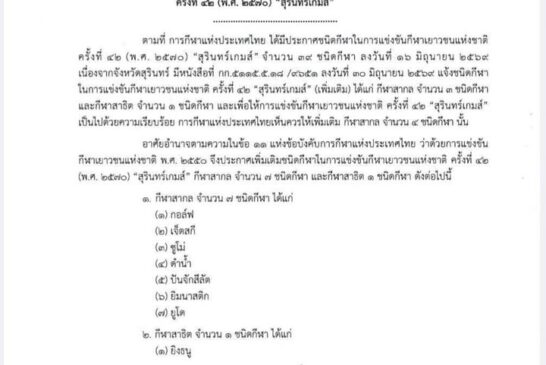 📌กีฬาเยาวชนแห่งชาติครั้งที่ 42 (2570) สุรินทร์เกมส์