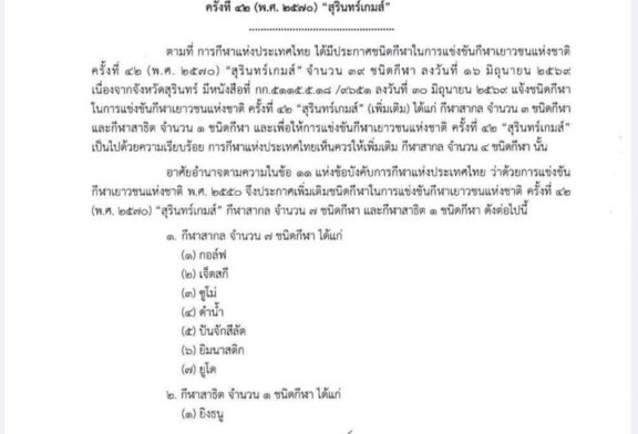 📌กีฬาเยาวชนแห่งชาติครั้งที่ 42 (2570) สุรินทร์เกมส์